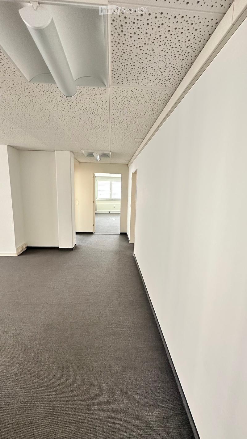 Empty hallway with grey carpet, white walls, and a perforated white ceiling. A doorway leads to another room with a window and a grey floor.