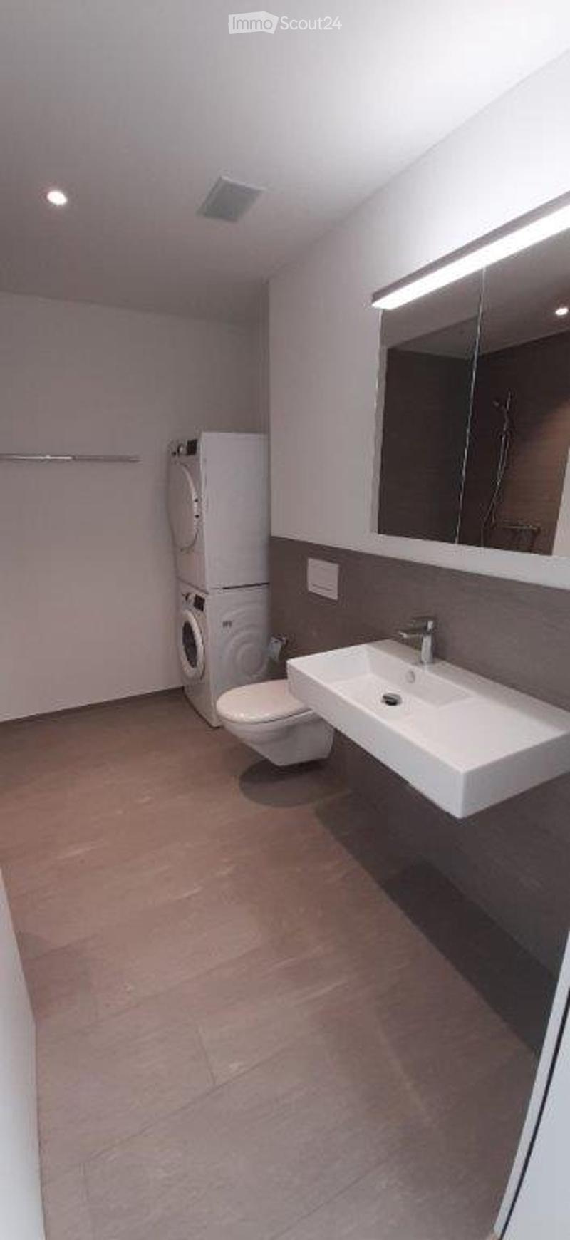 Modern bathroom with a white sink, large mirror, toilet, and a private washing machine. The floor is tiled, and the walls are painted in neutral tones.