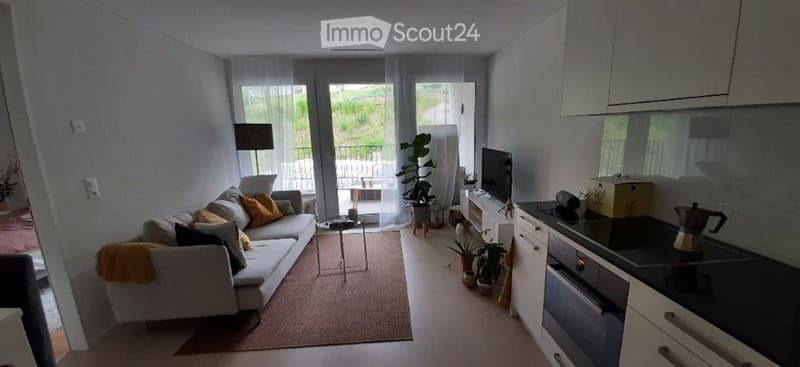 Open-plan living and dining area with a modern sofa, coffee table, and kitchen area featuring an oven, stove, and fridge. Large windows and a balcony are visible.