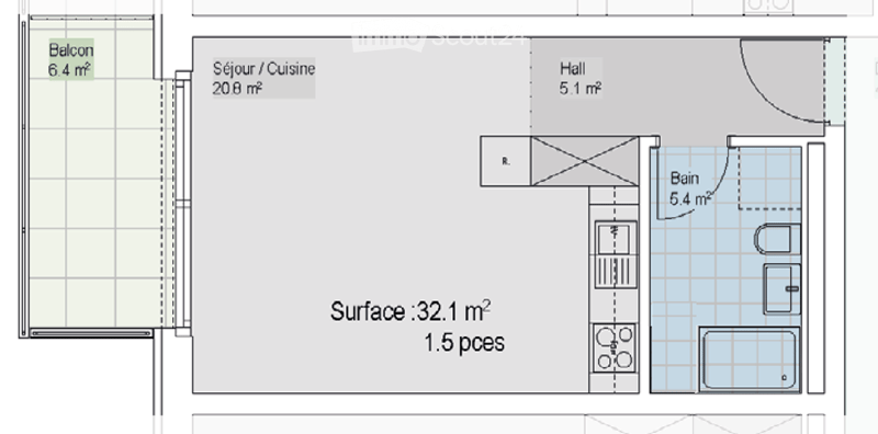 Floor plan of a 32.1 m² apartment with a living/dining area, kitchen, hallway, bathroom, and balcony.