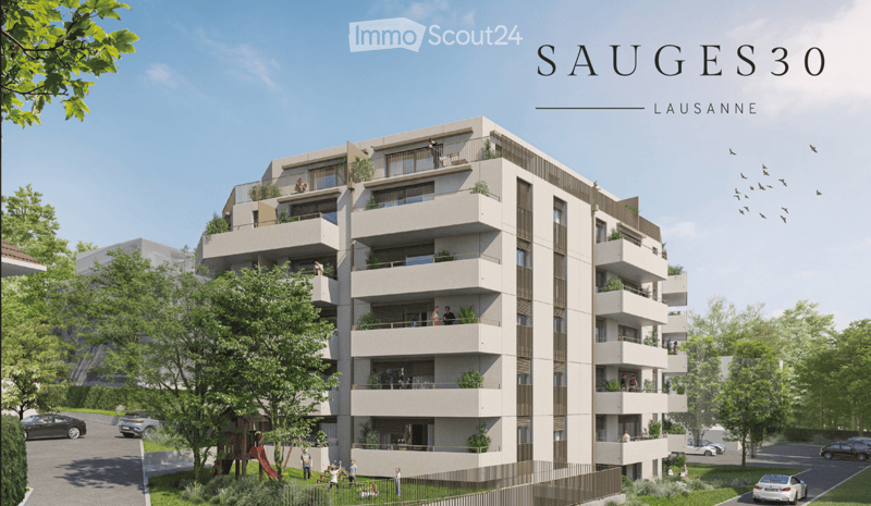 Modern multi-story residential building with balconies, surrounded by greenery and parking area.
