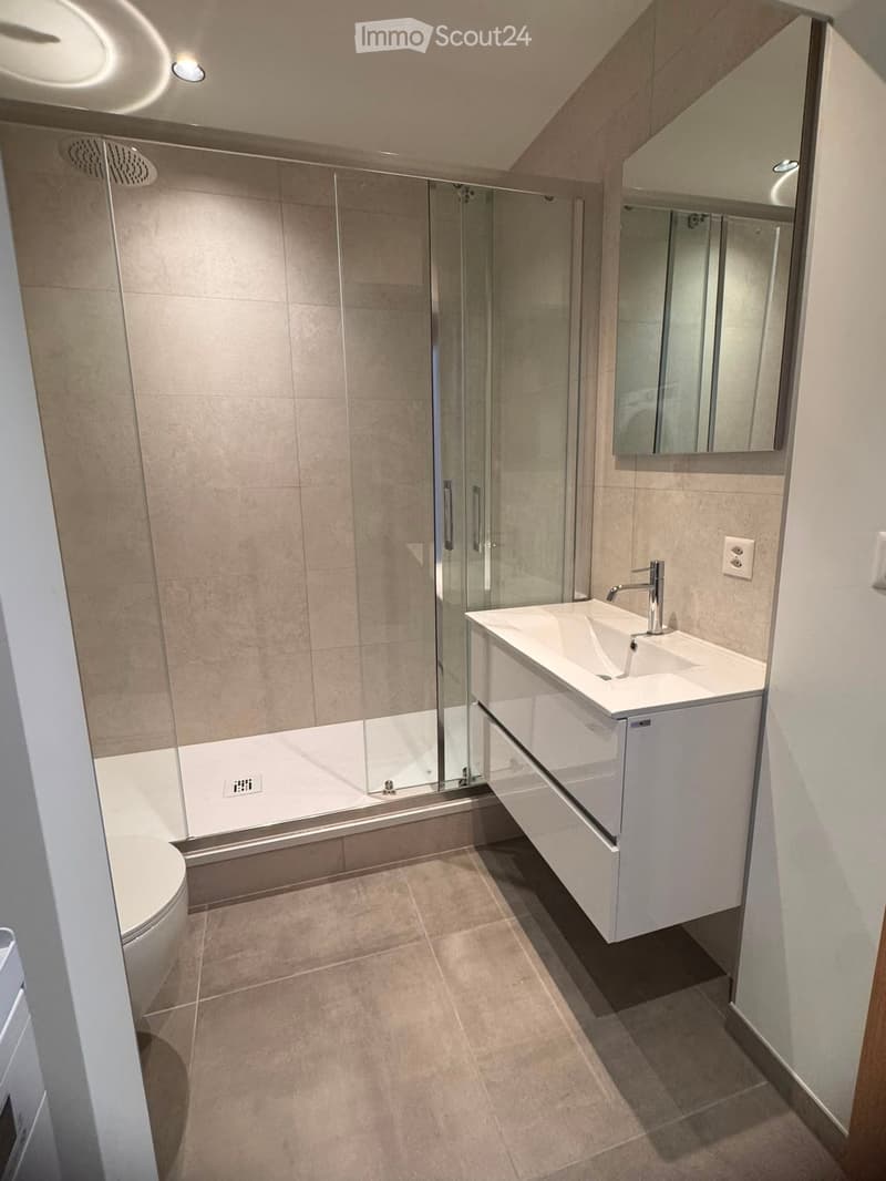 Modern bathroom with a glass-enclosed shower stall, a white sink with a chrome faucet, a mirror, and a toilet. The space features beige tiles and recessed lighting.