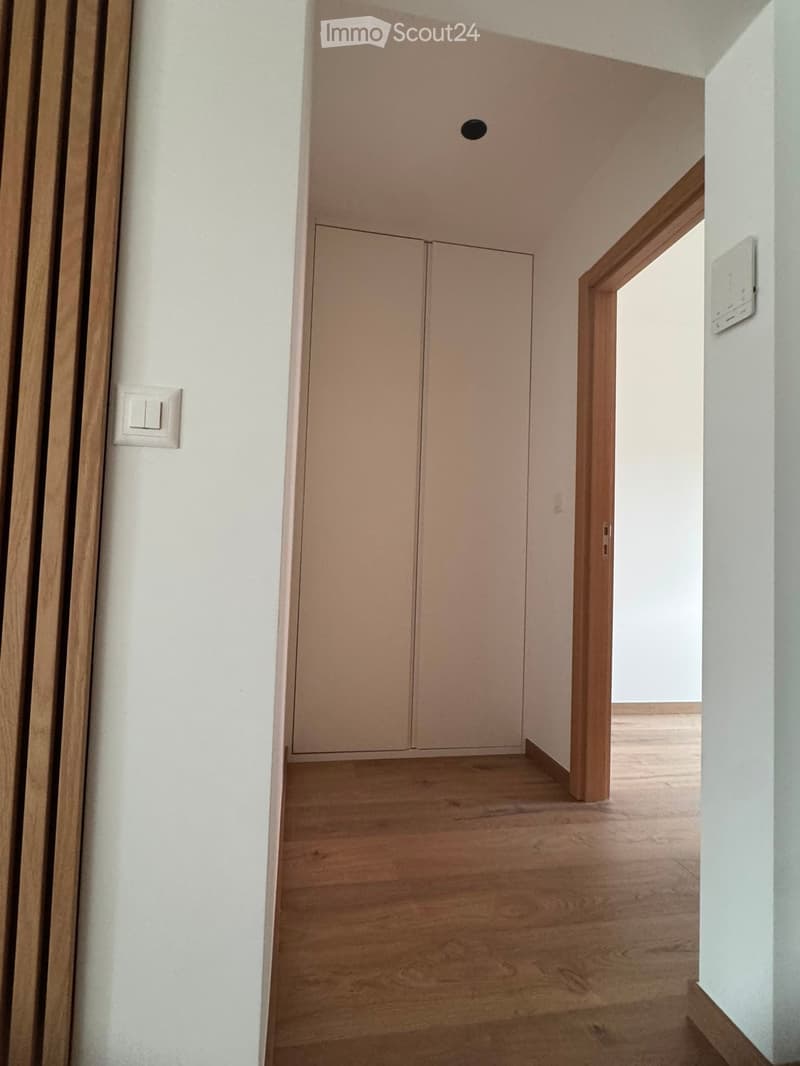 Empty hallway with light wooden flooring, white walls, and a closed double door at the end.