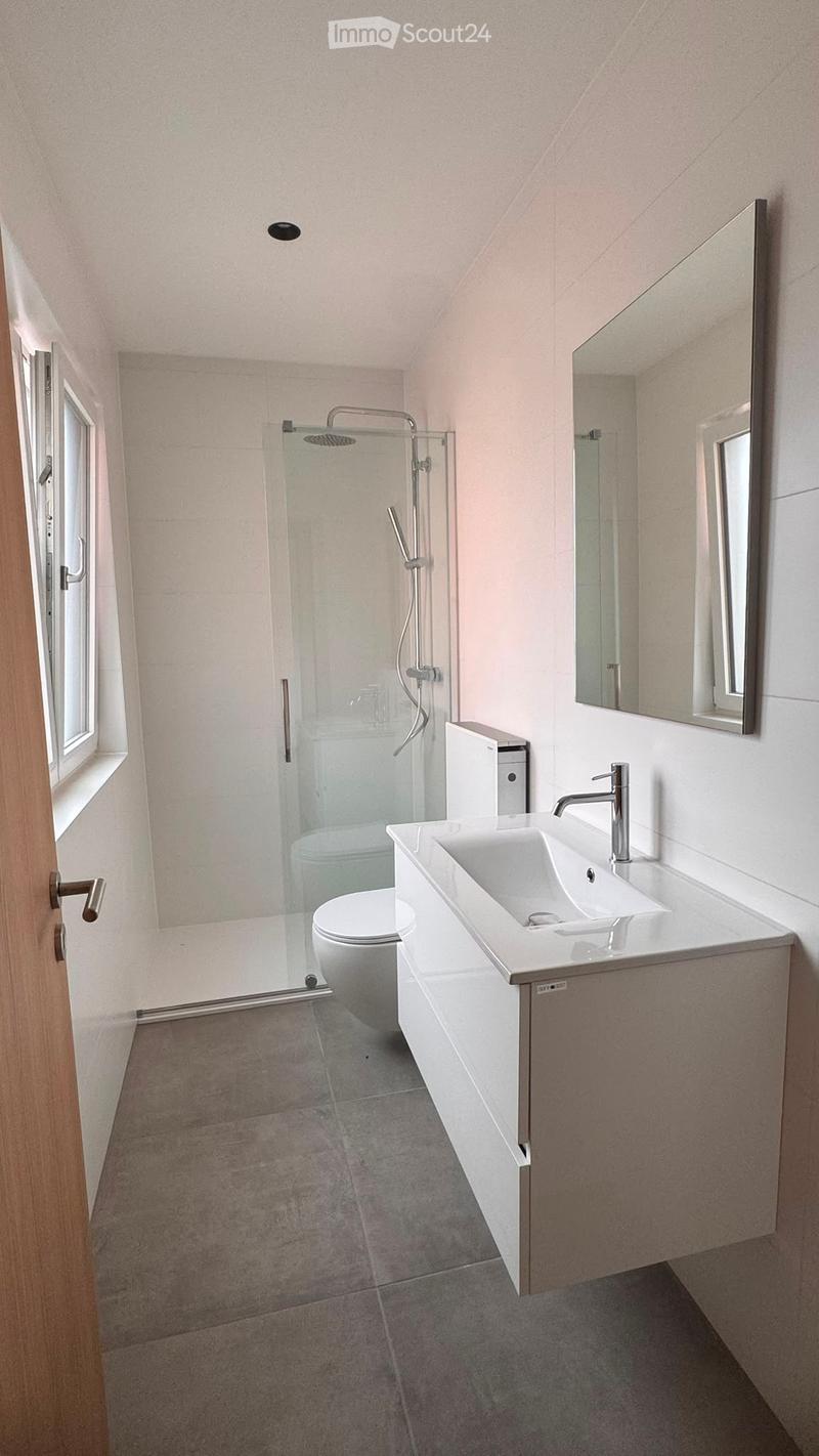Modern bathroom with a white sink, chrome faucet, large mirror, toilet, and glass-enclosed shower with a handheld showerhead.