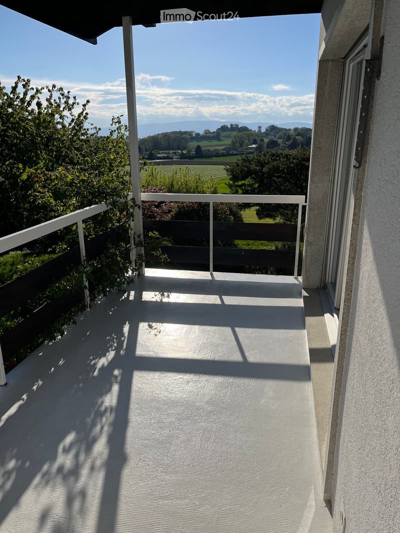 Balcony with white railing, overlooking a green landscape with fields and trees.