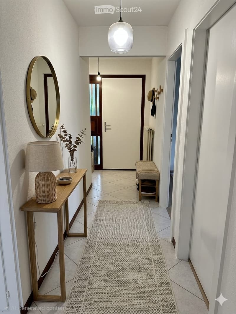 A modern hallway with white walls, tiled flooring, and a patterned runner. Features include a round mirror, a small wooden console table with a lamp, a vase with dried flowers, and a bench at the end.
