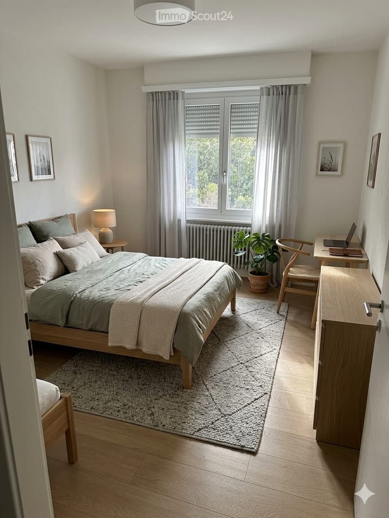 Cozy bedroom with a wooden bed, nightstand, desk, chair, and a potted plant near the window. The room features light-colored walls, wooden flooring, and large windows with curtains.