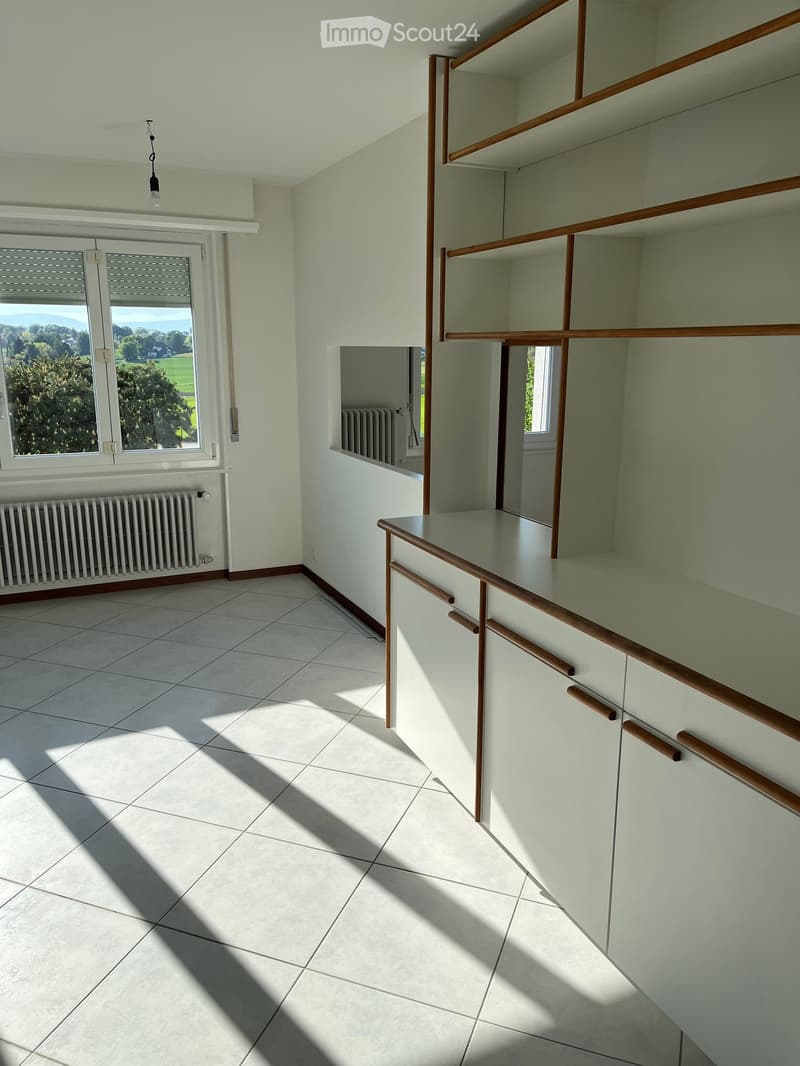 Empty room with white walls, tiled floor, built-in wooden shelving unit, and large windows with blinds. Radiators are visible along the walls.