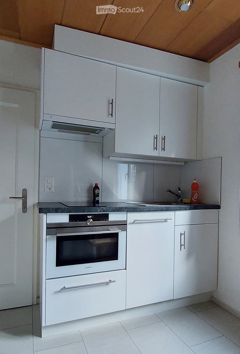 Modern kitchen with white cabinets, stainless steel oven, sink, and countertop. Two bottles are placed on the counter.
