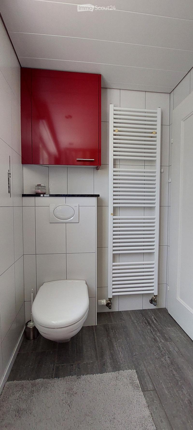 Modern bathroom with white tiled walls, a toilet, a white radiator, a red cabinet, and a grey rug on the dark wooden floor.