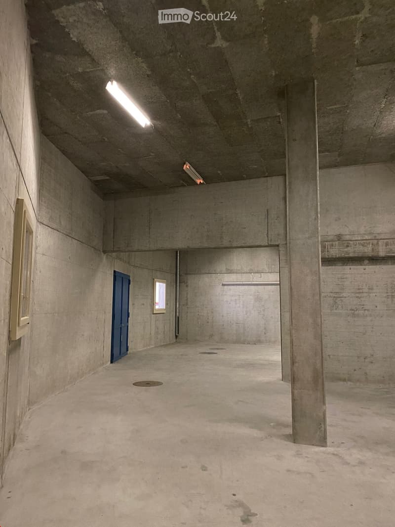 Empty parking lot, concrete walls, grey floor, ceiling lamps, blue door, small window, small drain holes on the floor