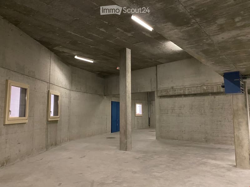 bare room, concrete walls, two windows, blue door, pillar, recessed lighting