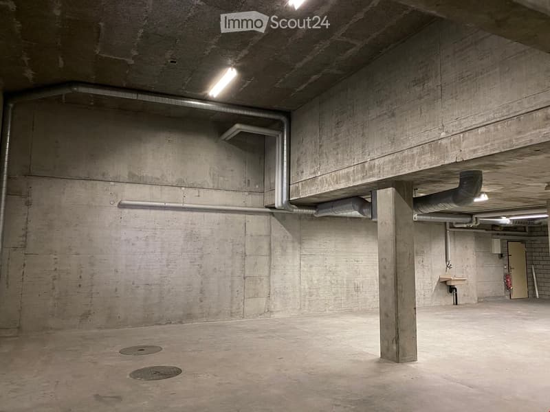 Empty garage with exposed concrete walls, concrete floor, pipes, and a sink