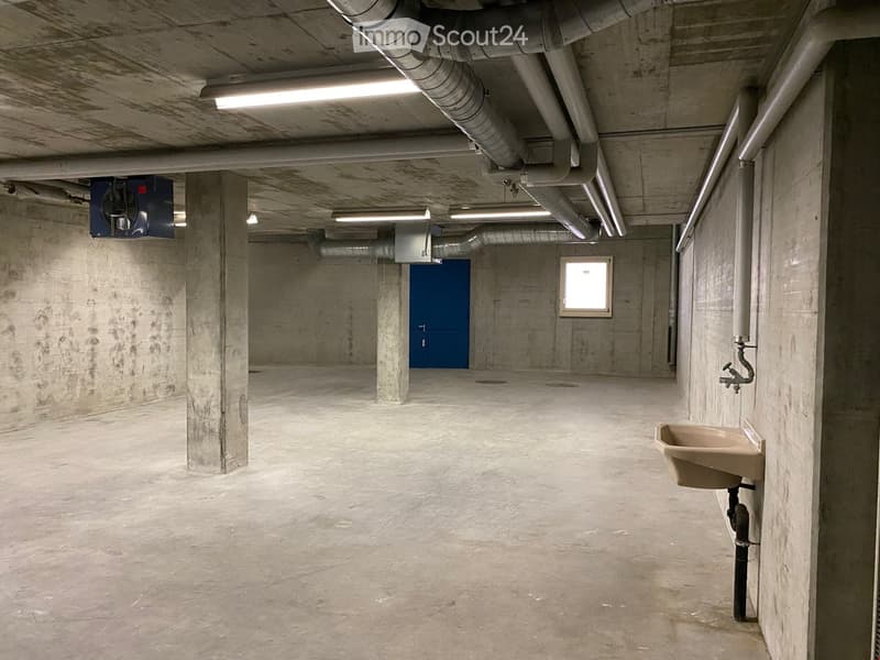 empty garage with sink, blue door, pipes on the ceiling, square window