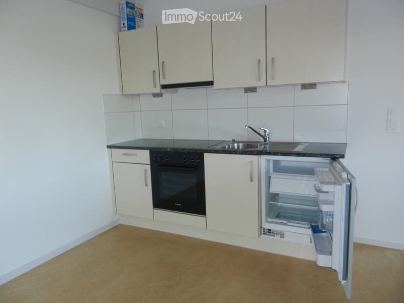 Modern kitchen with white cabinets, black countertop, stainless steel sink, oven, and open refrigerator.