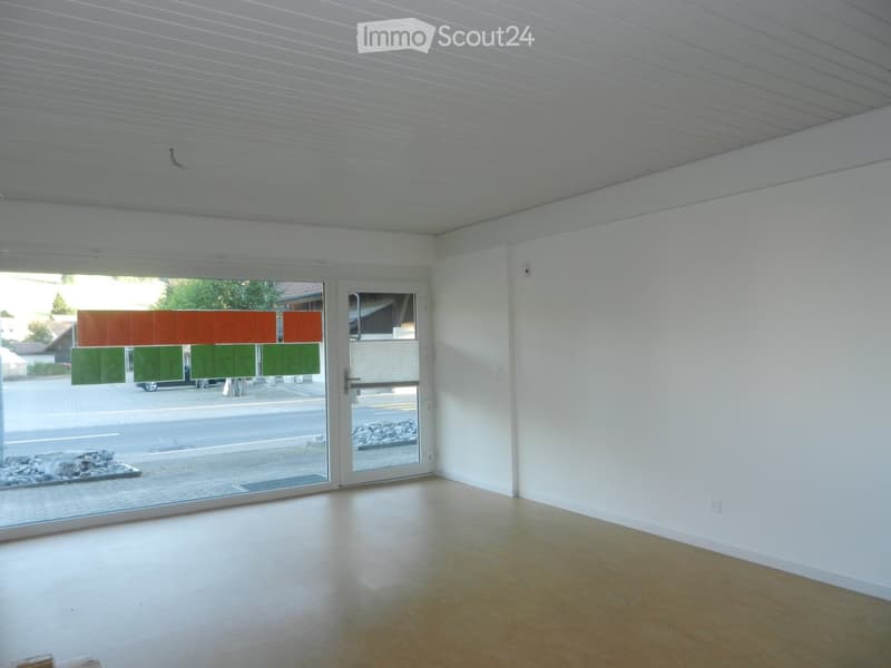 Empty room with white walls, a large glass door leading outside, and a smooth concrete floor.