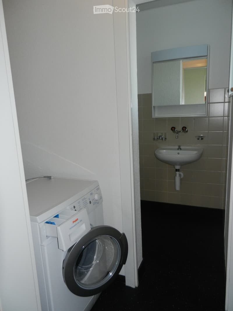 Bathroom with a washing machine, sink, and mirror. The sink has a faucet and is mounted on a tiled wall. The washing machine is white with a control panel and a drum paddle.