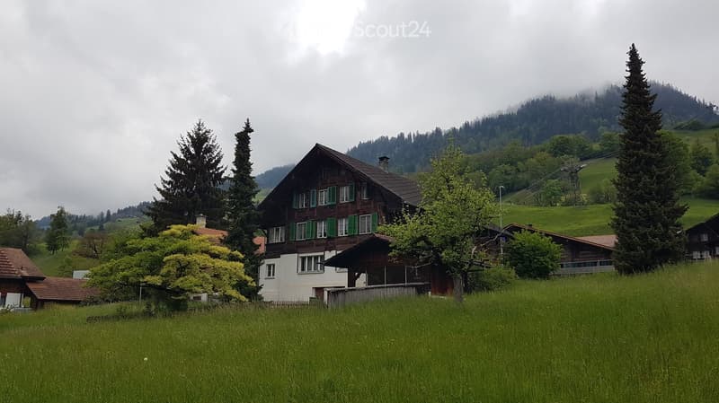 Traditional Swiss wooden house with green shutters and a sloped roof, surrounded by lush green fields and tall coniferous trees, with misty mountains in the background.