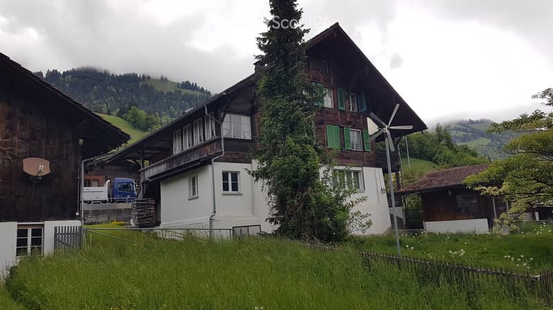 Traditional Swiss wooden house with green shutters, surrounded by lush greenery and a wind turbine in the background.