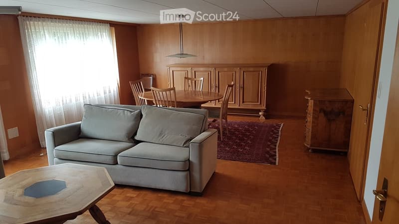 Living room with a grey sofa, coffee table, dining area with a round table and chairs, and wooden cabinets.