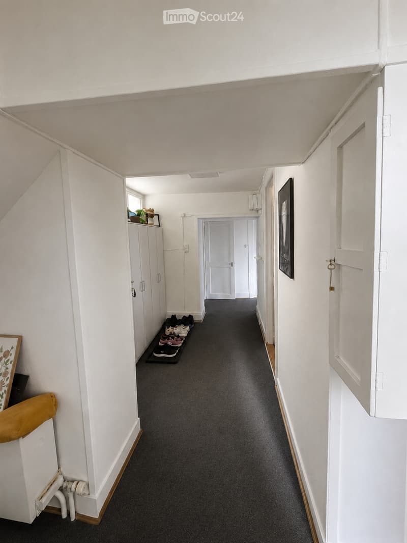 A narrow hallway with white walls, carpeted floor, and several doors leading to other rooms. There are shoes lined up against one wall and a small cabinet with items on top.