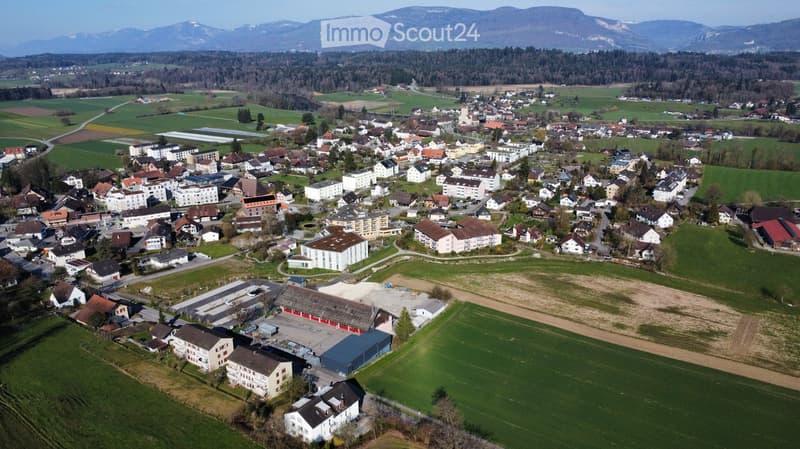Aerial view of a small town with numerous houses, buildings, and surrounding green fields and mountains in the background.