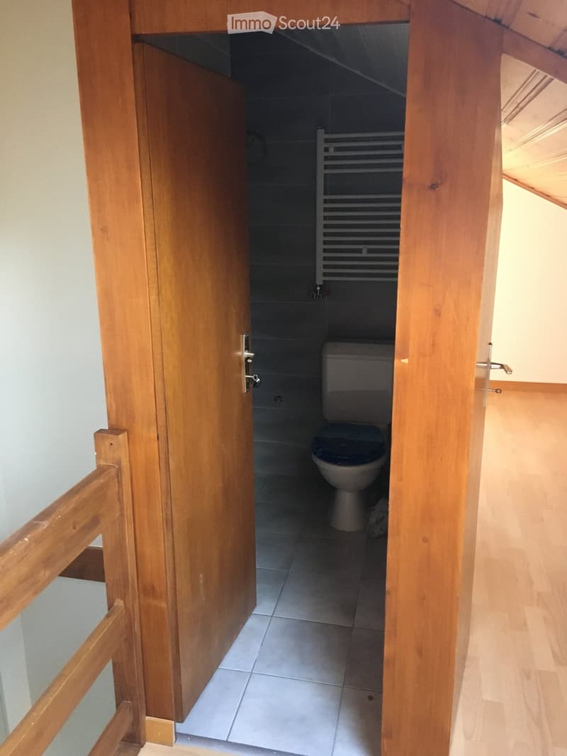 Small bathroom with white tiled floor, toilet, radiator, and wooden door frame.