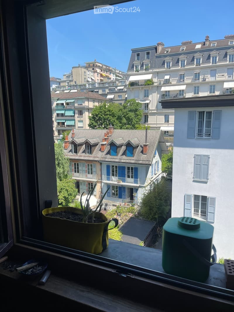 Balcony with a view of a cityscape, featuring potted plants and a speaker on the windowsill.