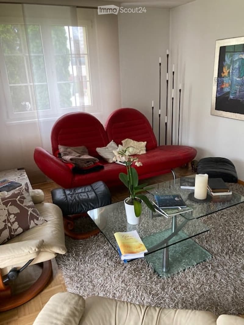 Modern living room with a red sofa, beige armchair, glass coffee table, and decorative items including books, a candle, and a flower pot.