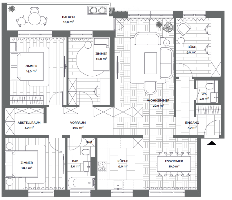 Floor plan of a multi-room apartment with a balcony, living room, kitchen, bedrooms, bathroom, and entrance area.