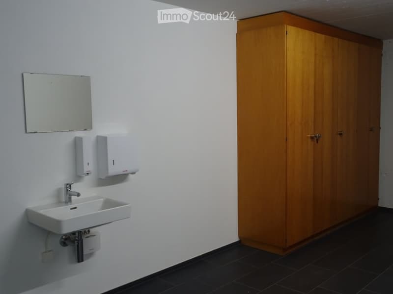 Clean bathroom with a white sink, mirror, paper towel dispensers, and a wooden cabinet.