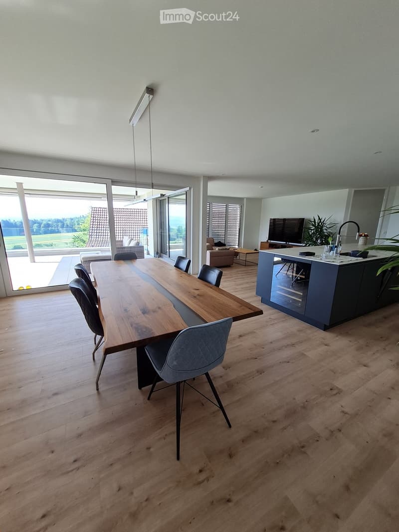 Open-plan living and dining area with a large wooden dining table, modern chairs, a sofa, a coffee table, a television, a kitchen island, and a plant. Large windows provide natural light and a view of the outdoor area.