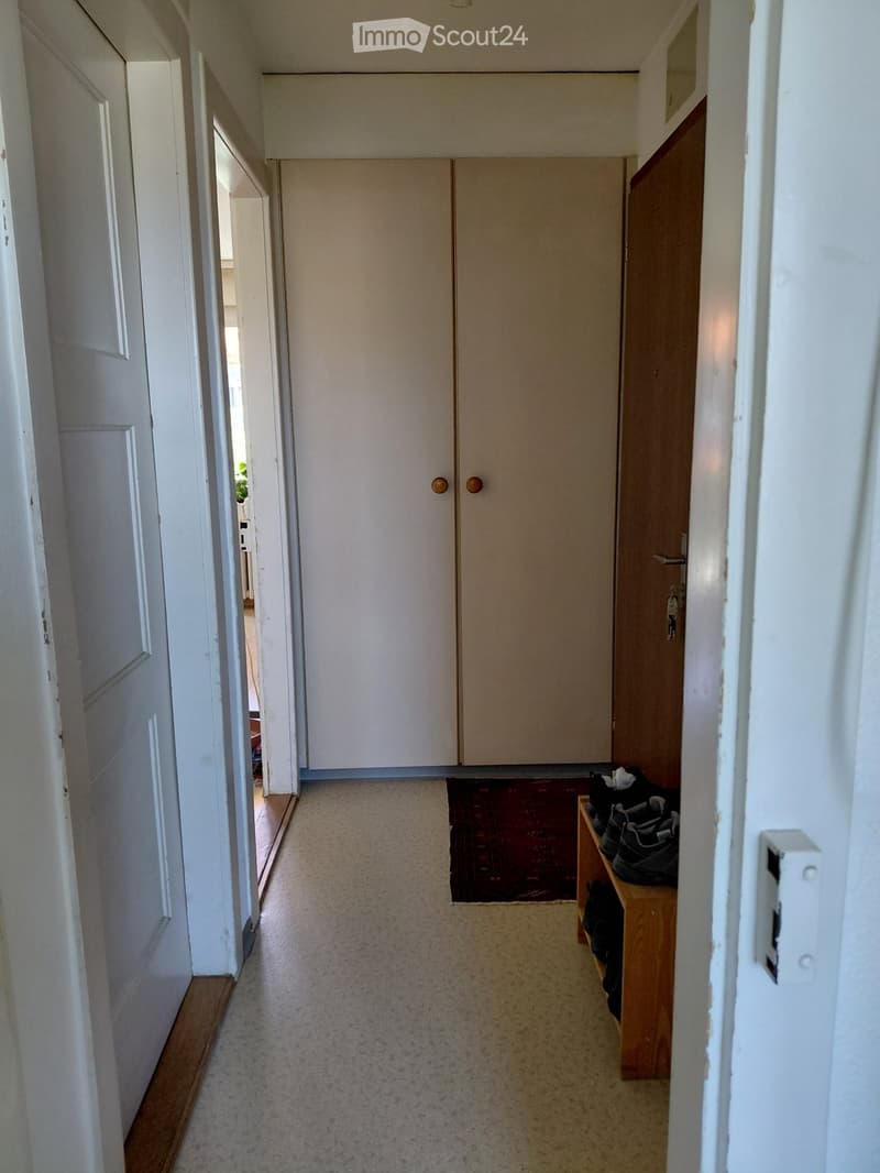 A narrow hallway with carpeted flooring, white walls, and a wooden shoe rack holding several pairs of shoes. The hallway features a closed double-door closet and a partially visible adjacent room with wooden flooring.