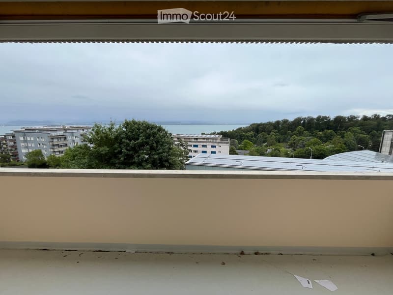 Balcony with a view of a body of water, trees, and buildings in the distance under an overcast sky.