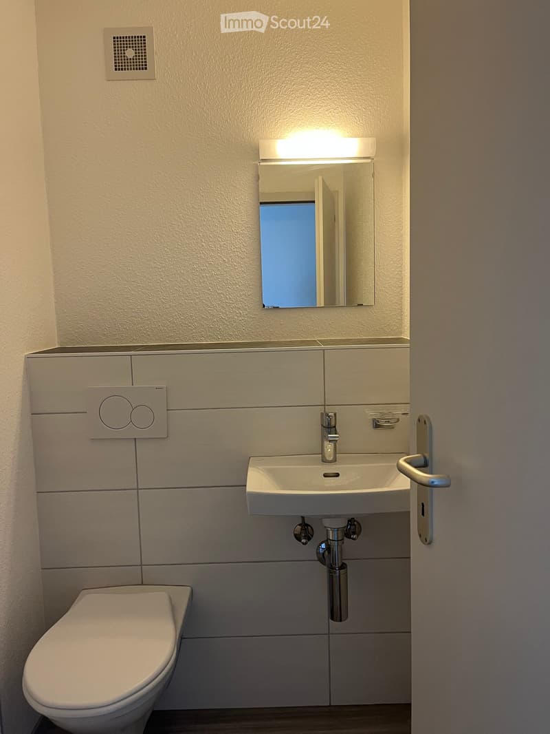 Modern bathroom with a white toilet, sink, and mirror above it. The walls are tiled in light gray, and there is a door with a silver handle visible on the right side.