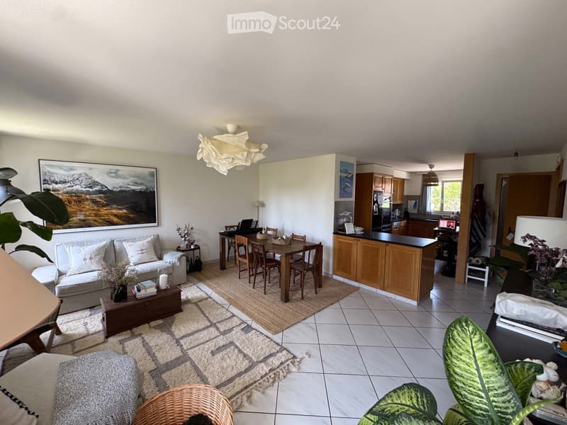 Open-plan living and dining area with a sofa, coffee table, dining table with chairs, kitchen area with cabinets and appliances, and decorative elements including a large picture frame and plants.