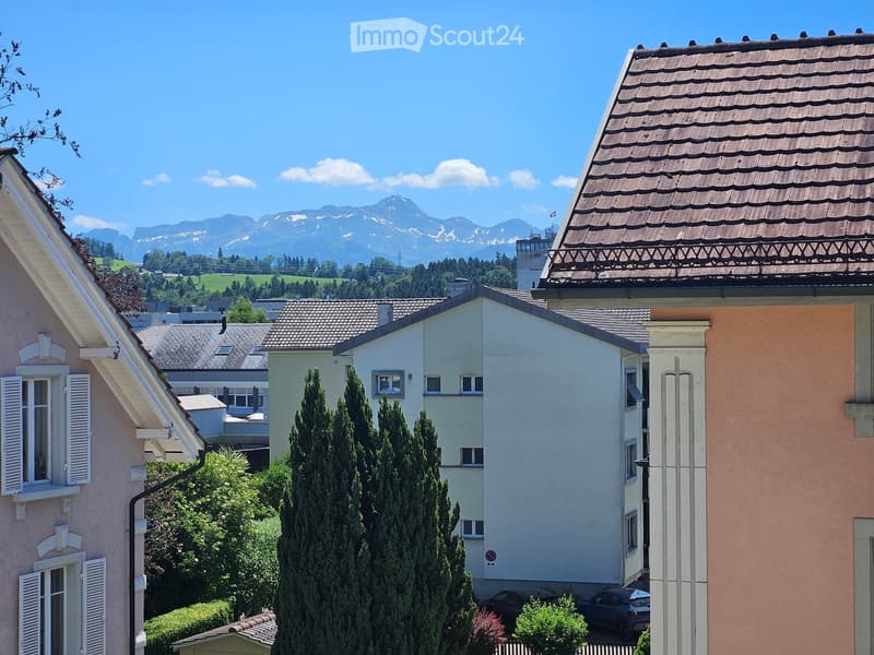 Residential houses with pitched roofs, surrounded by trees and mountains in the background.