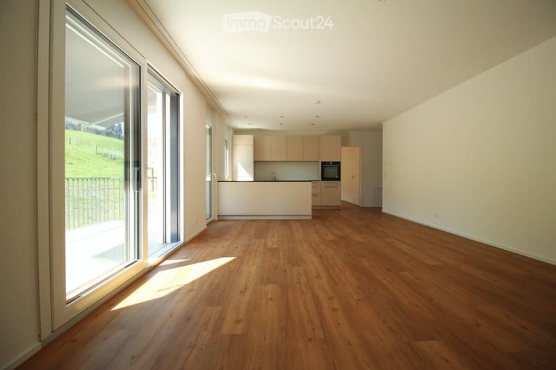Open-plan space with wooden flooring, white walls, and a modern kitchen area featuring light-colored cabinets and a countertop. Large sliding glass doors lead to a balcony with a view of a green landscape.