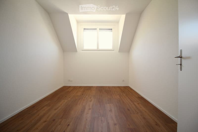 Empty attic room with wooden flooring, white walls, and a skylight window. No furniture or equipment present.
