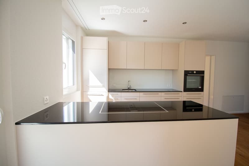 Modern kitchen with white cabinets, black countertop, built-in oven, and sink area.