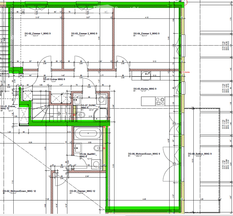Floor plan of a multi-unit residential building showing multiple apartments, including living spaces, bedrooms, bathrooms, and a balcony.