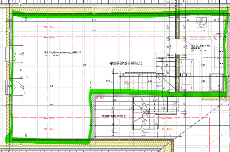 Floor plan showing a gallery room (GG-01) and a storage room (Abstellraum) for two apartments (WHG 10 and WHG 11). Includes dimensions, room labels, and structural details.