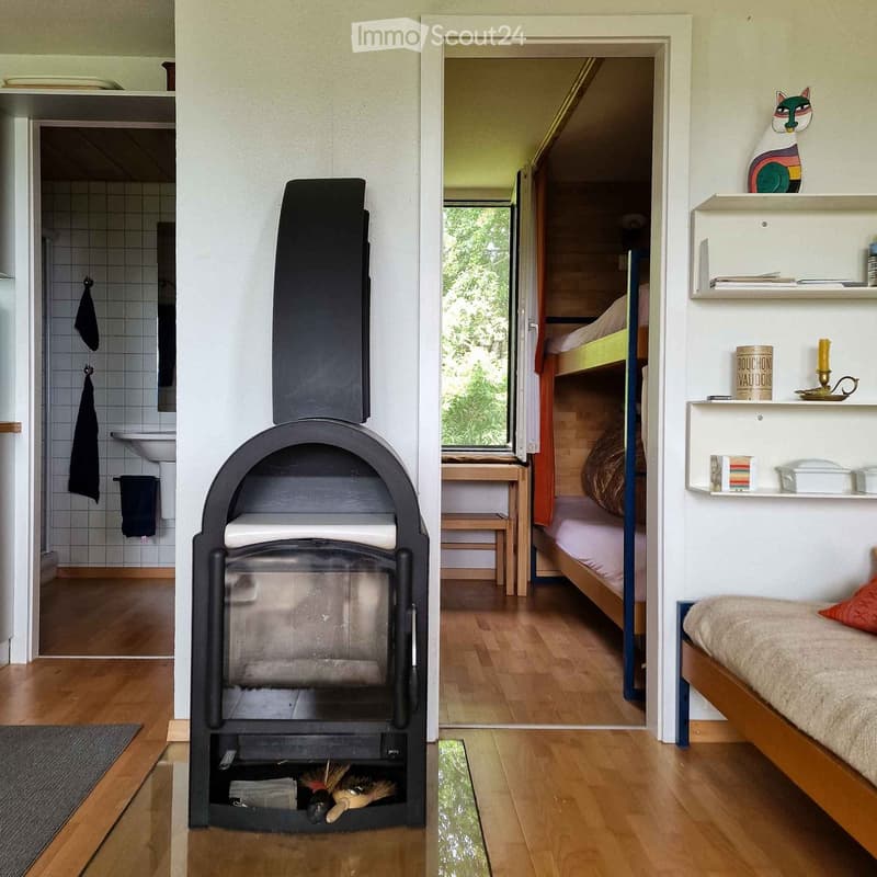 A cozy, compact living space with a central black wood-burning stove, a bunk bed, a small table, and shelves with decorative items.
