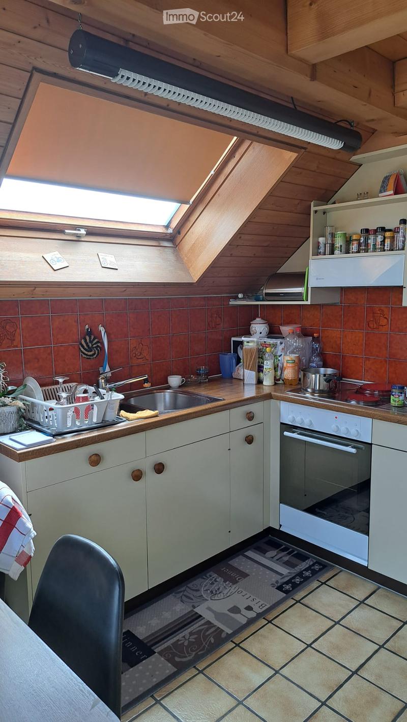The kitchen features wooden cabinets, a stainless steel sink, a built-in oven, and various kitchen items on the counter, including bottles, a dish rack, and a chair near the entrance.