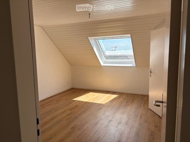 Bright, unfurnished attic room with wooden flooring, white walls, and a skylight window offering a view of the outside.