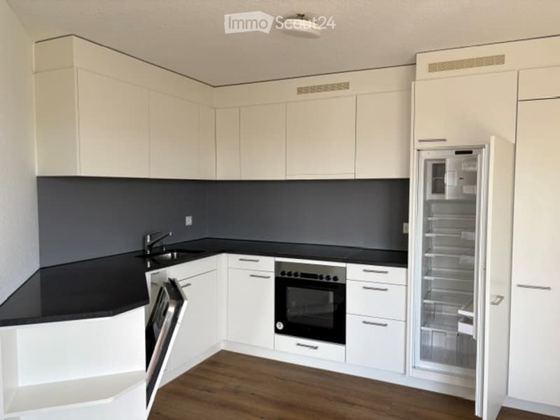 Modern kitchen with white cabinets, black countertops, and stainless steel appliances including a refrigerator, oven, and sink.