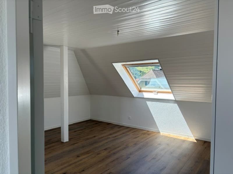 Bright, empty attic room with wooden flooring, white walls, and a skylight window letting in natural light.