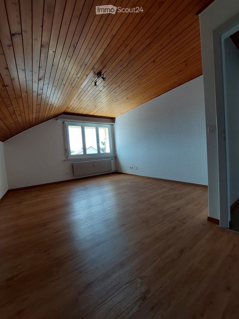 Empty room with wooden flooring, white walls, and a slanted wooden ceiling. Features a window with white frames and a radiator below it.