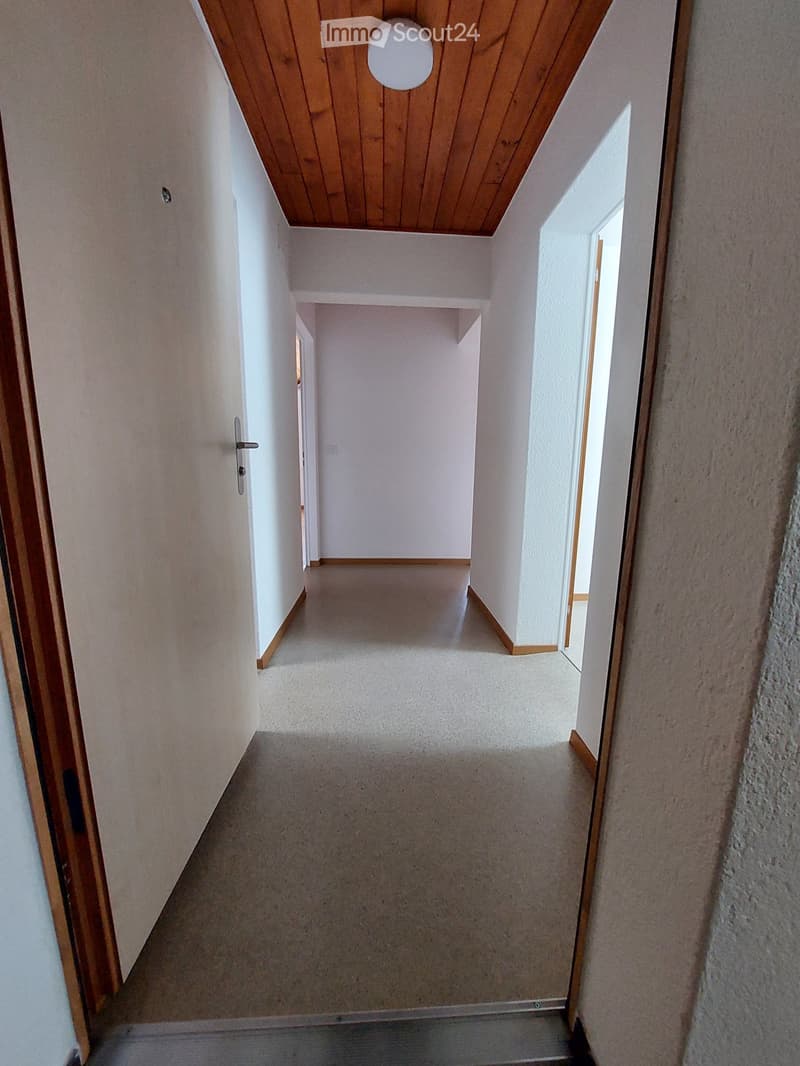 A narrow hallway with white walls, wooden trim, and a wooden ceiling. The floor is carpeted, and there is a visible door on the left side.