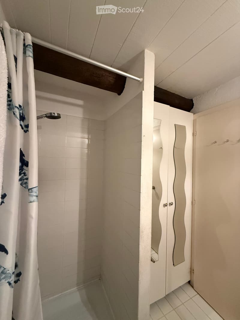 Small bathroom with a shower area, white tiled walls, a mirror, and a cabinet.